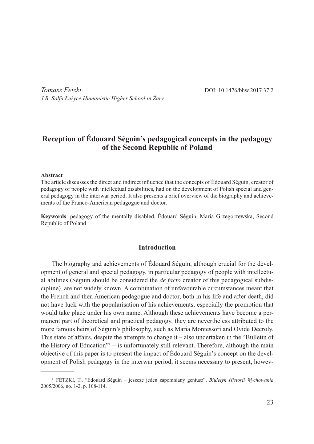 Reception of Édouard Séguin's Pedagogical Concepts in the Pedagogy of the Second Republic of Poland