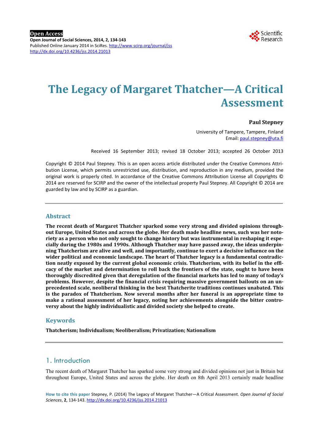 The Legacy of Margaret Thatcher—A Critical Assessment