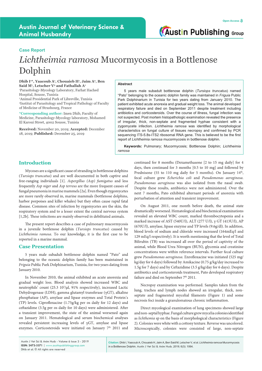 Lichtheimia Ramosa Mucormycosis in a Bottlenose Dolphin