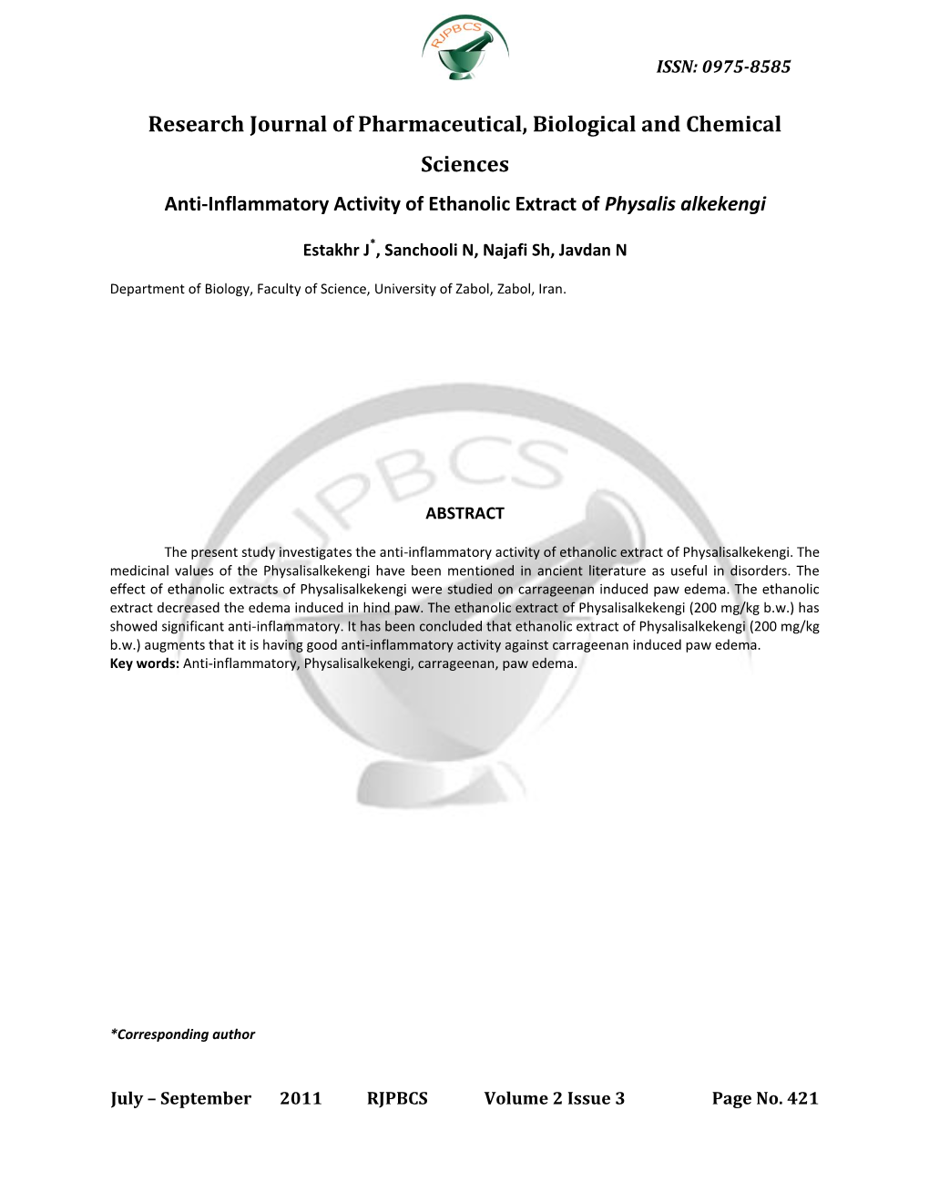 Anti-Inflammatory Activity of Ethanolic Extract of Physalis Alkekengi