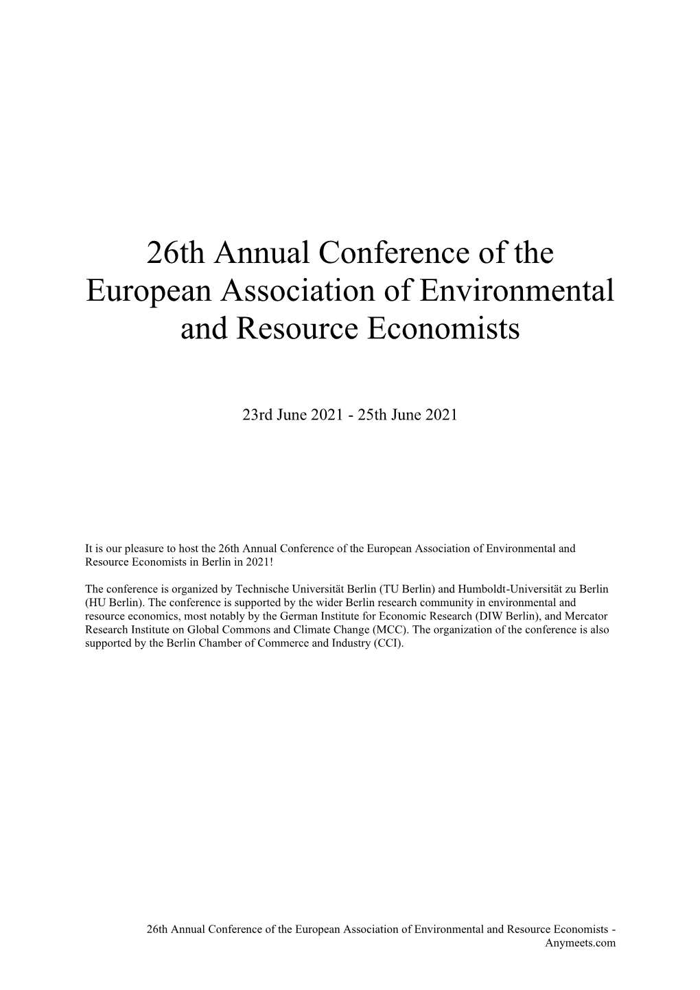 26Th Annual Conference of the European Association of Environmental and Resource Economists