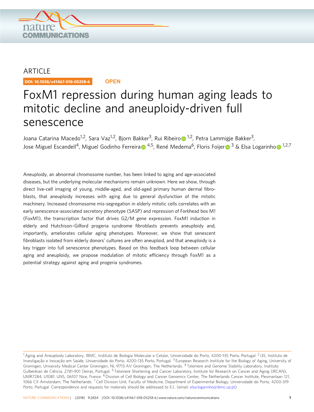 Foxm1 Repression During Human Aging Leads to Mitotic Decline and Aneuploidy-Driven Full Senescence