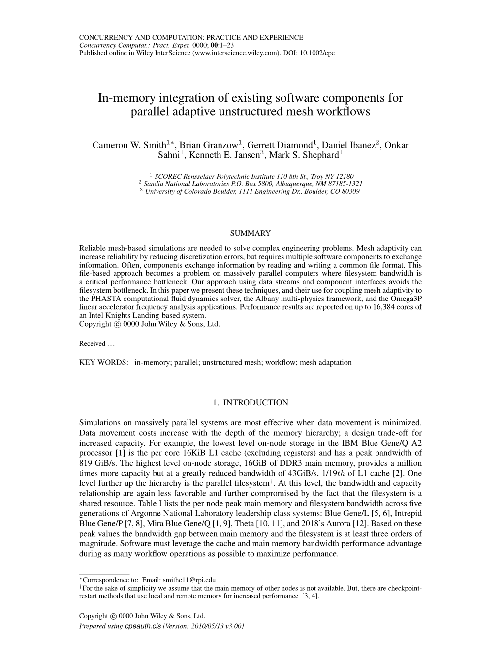 In-Memory Integration of Existing Software Components for Parallel Adaptive Unstructured Mesh Workﬂows