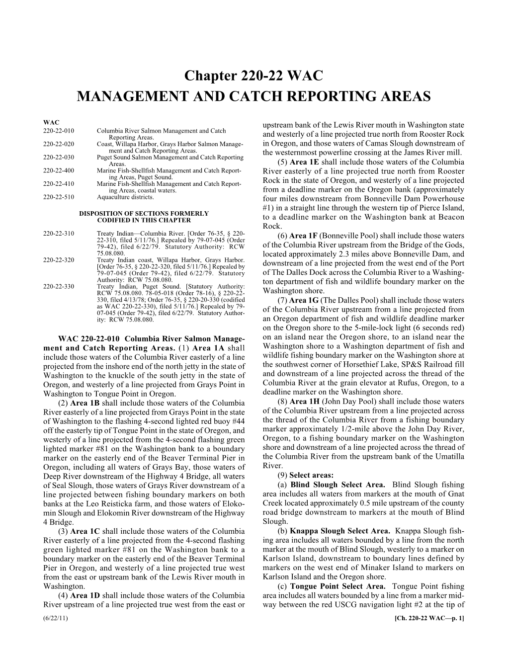 Chapter 220-22 WAC MANAGEMENT and CATCH REPORTING AREAS