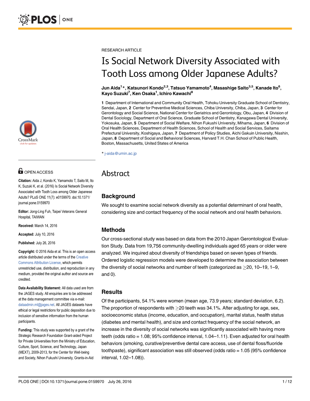 Is Social Network Diversity Associated with Tooth Loss Among Older Japanese Adults?