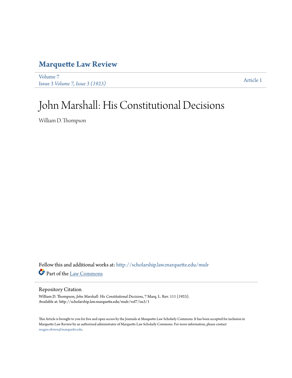 John Marshall: His Constitutional Decisions William D