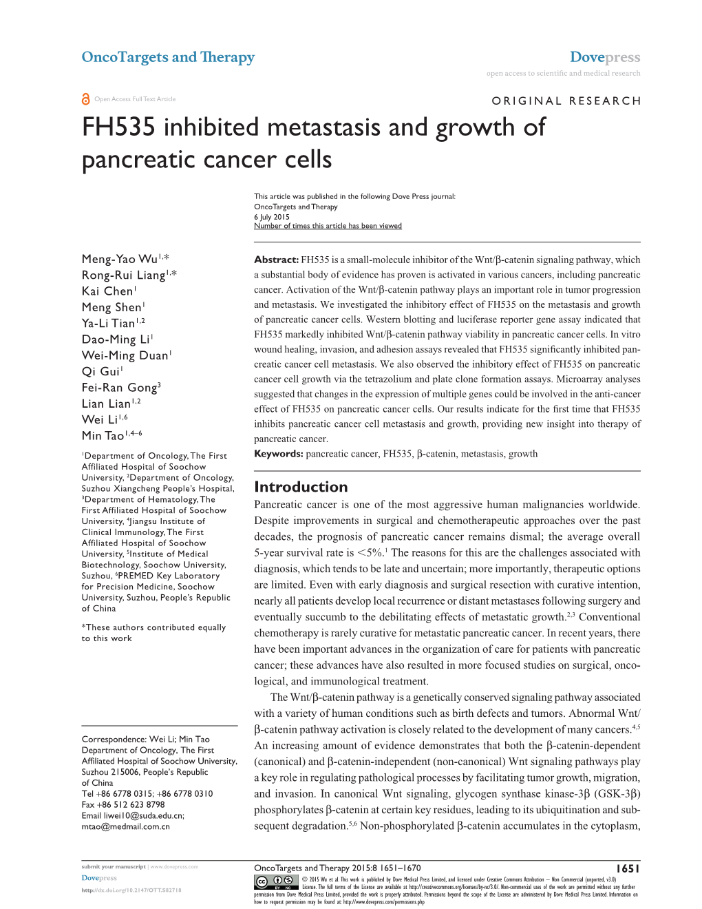 FH535 Inhibited Metastasis and Growth of Pancreatic Cancer Cells