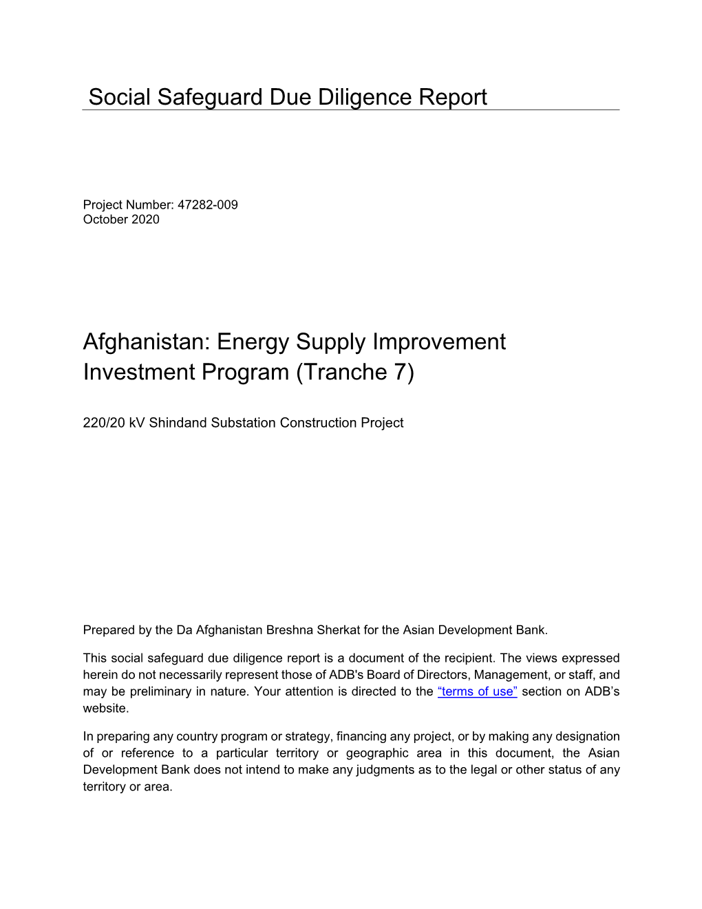 Social Safeguard Due Diligence Report Afghanistan: Energy Supply