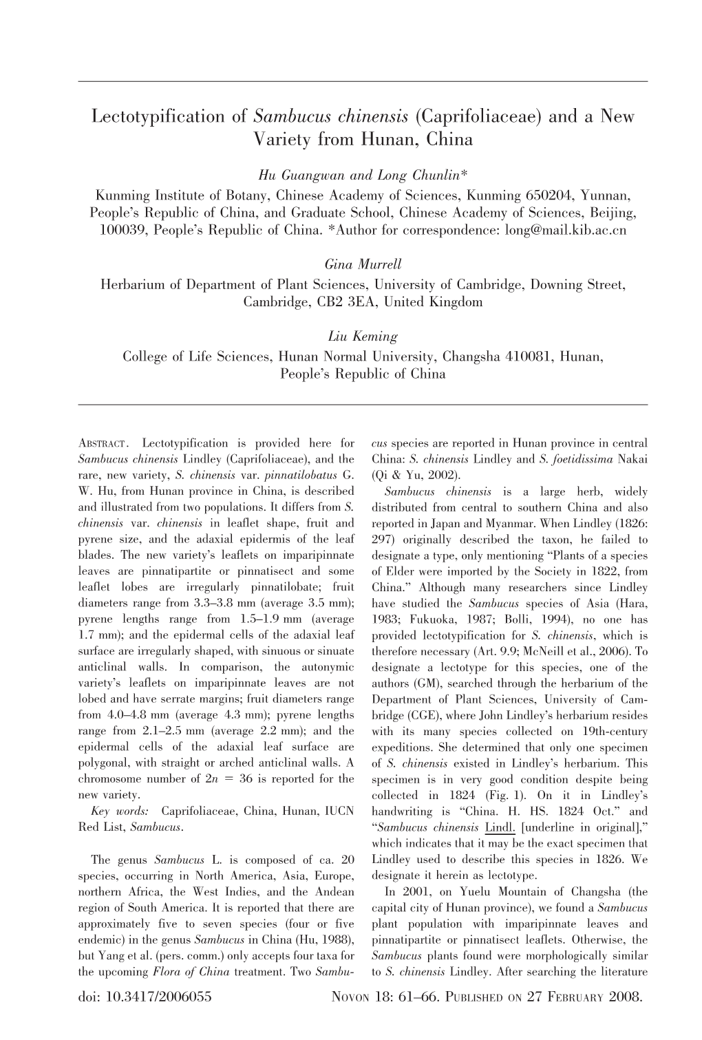 Lectotypification of Sambucus Chinensis (Caprifoliaceae) and a New Variety from Hunan, China