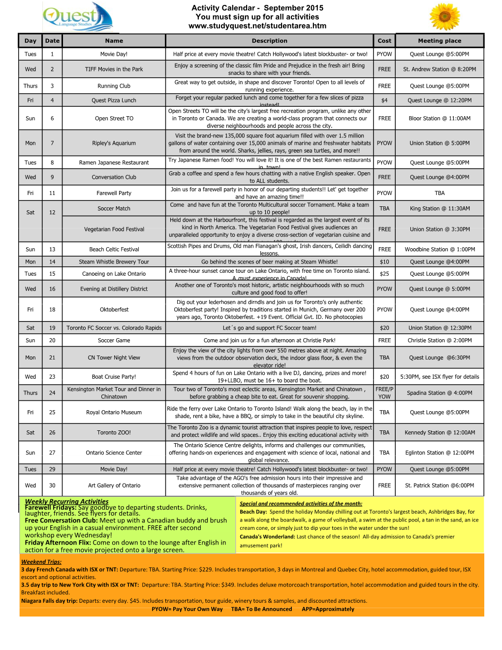 September 2015 Activity Calendar