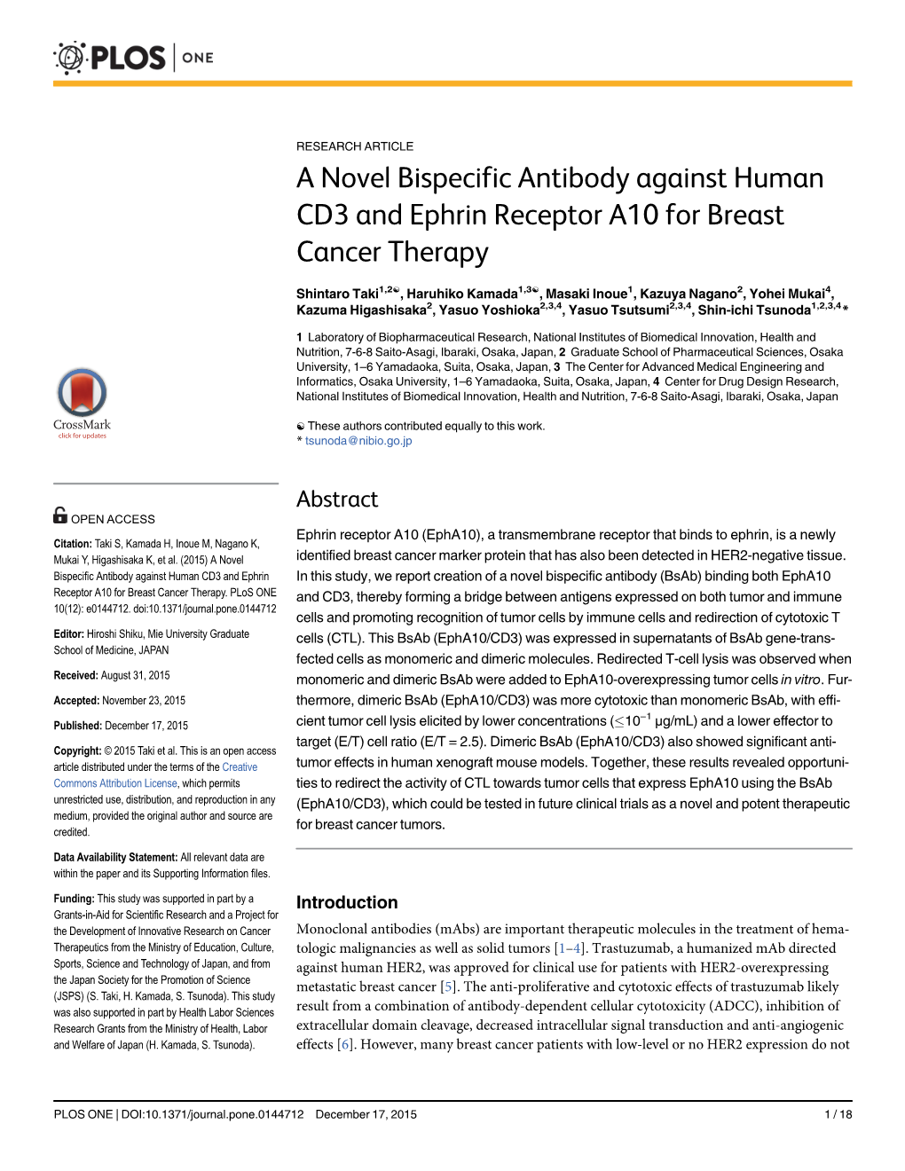 A Novel Bispecific Antibody Against Human CD3 and Ephrin Receptor A10 for Breast Cancer Therapy