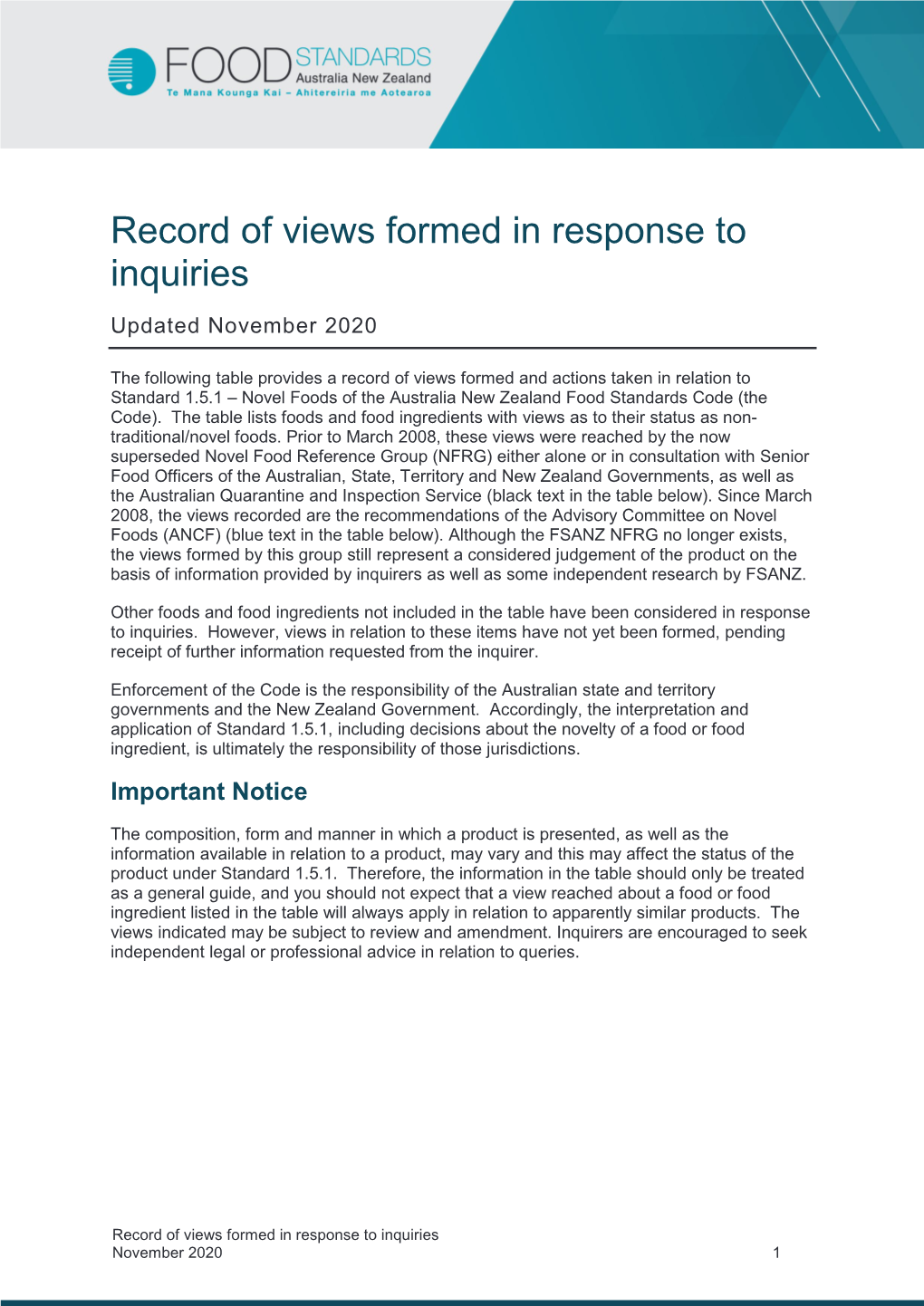 Record of Views Formed in Response to Inquiries Updated November 2020