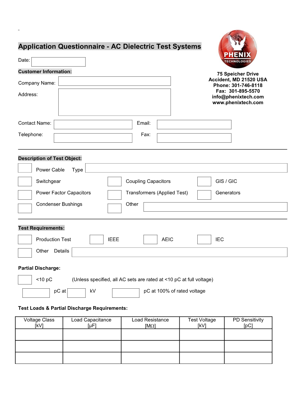 Application Questionnaire - AC Dielectric Test Systems