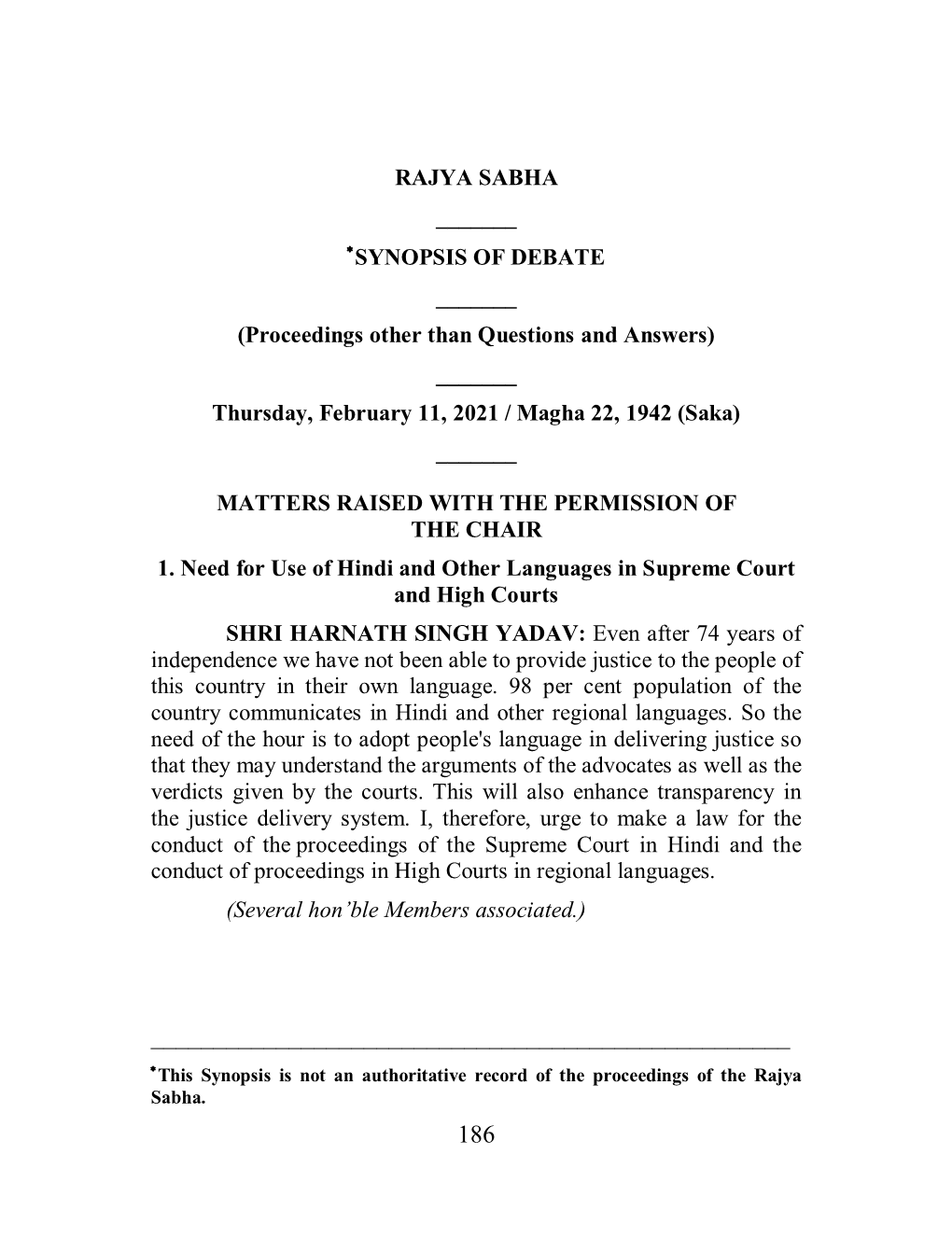 RAJYA SABHA ______SYNOPSIS of DEBATE ______(Proceedings Other Than Questions and Answers) ______Thursday, February 11, 2021 / Magha 22, 1942 (Saka) ______