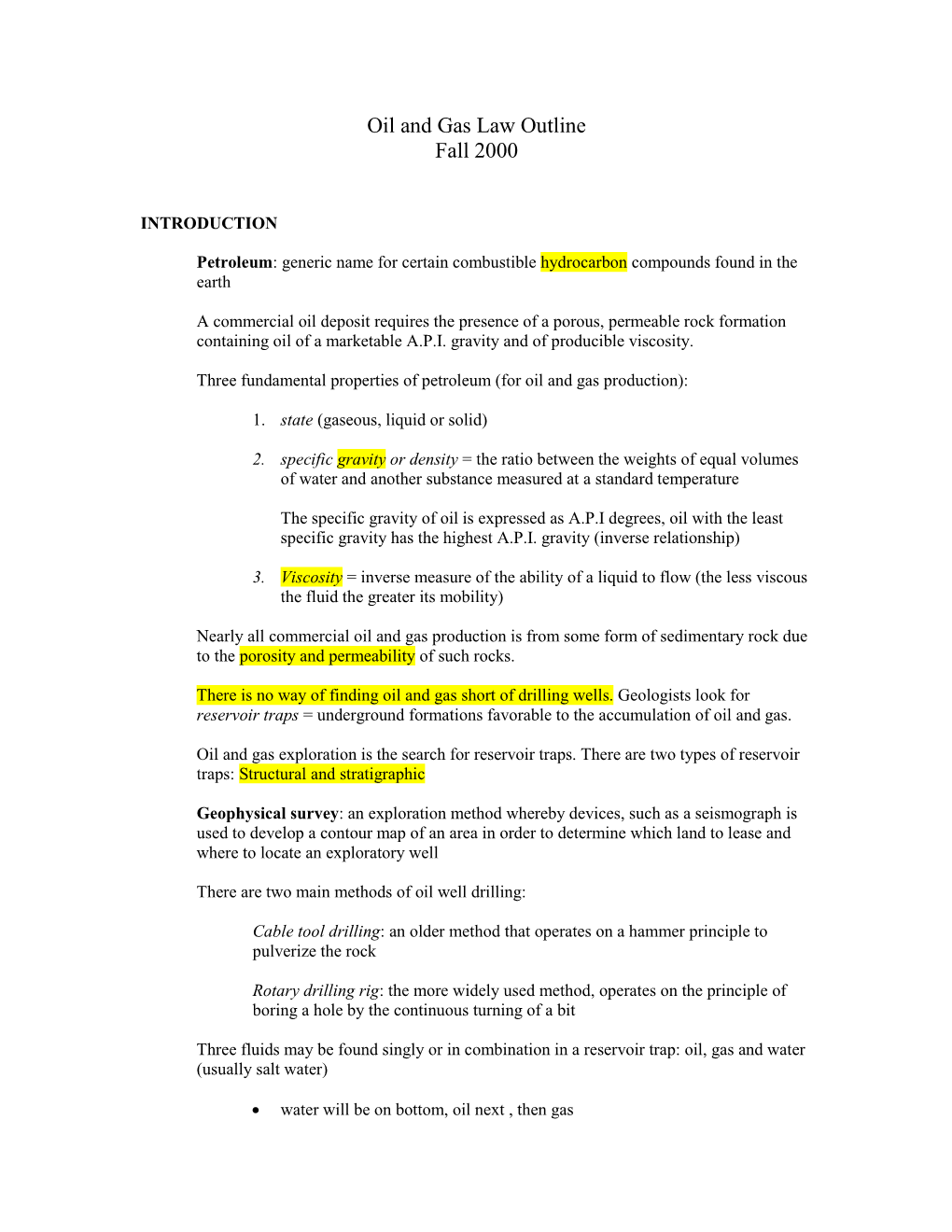 Oil and Gas Law Outline Fall 2000