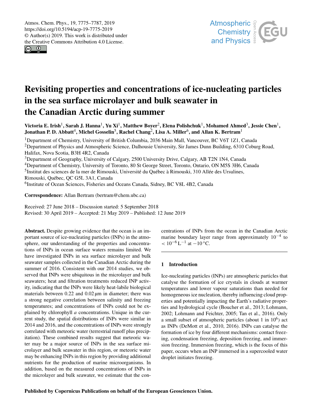 Revisiting Properties and Concentrations of Ice-Nucleating Particles in the Sea Surface Microlayer and Bulk Seawater in the Canadian Arctic During Summer