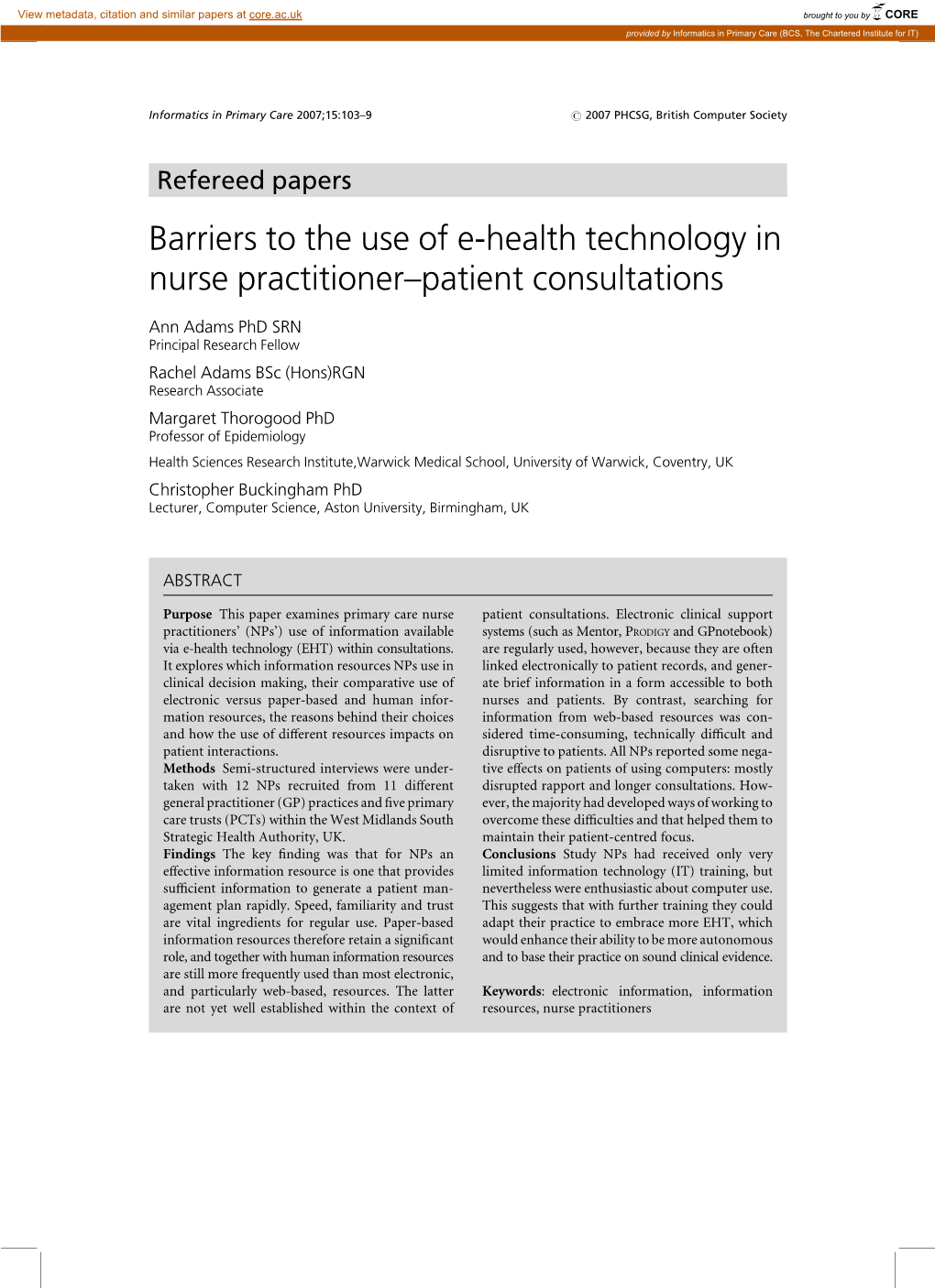 Barriers to the Use of E-Health Technology in Nurse Practitioner–Patient Consultations