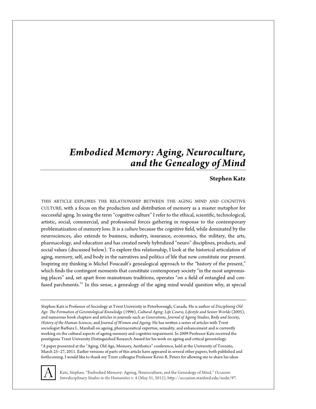 Embodied Memory: Aging, Neuroculture, and the Genealogy of Mind Stephen Katz