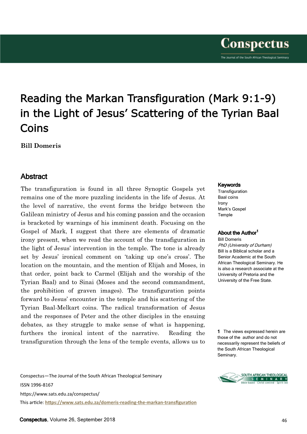 (Mark 9:1-9) in the Light of Jesus' Scattering of the Tyrian Baal Coins