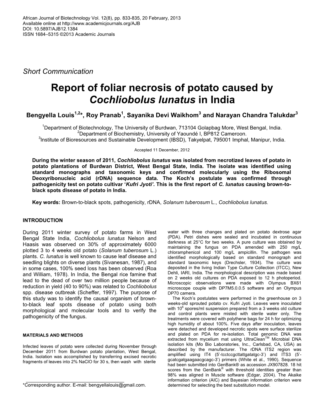 Report of Foliar Necrosis of Potato Caused by Cochliobolus Lunatus in India