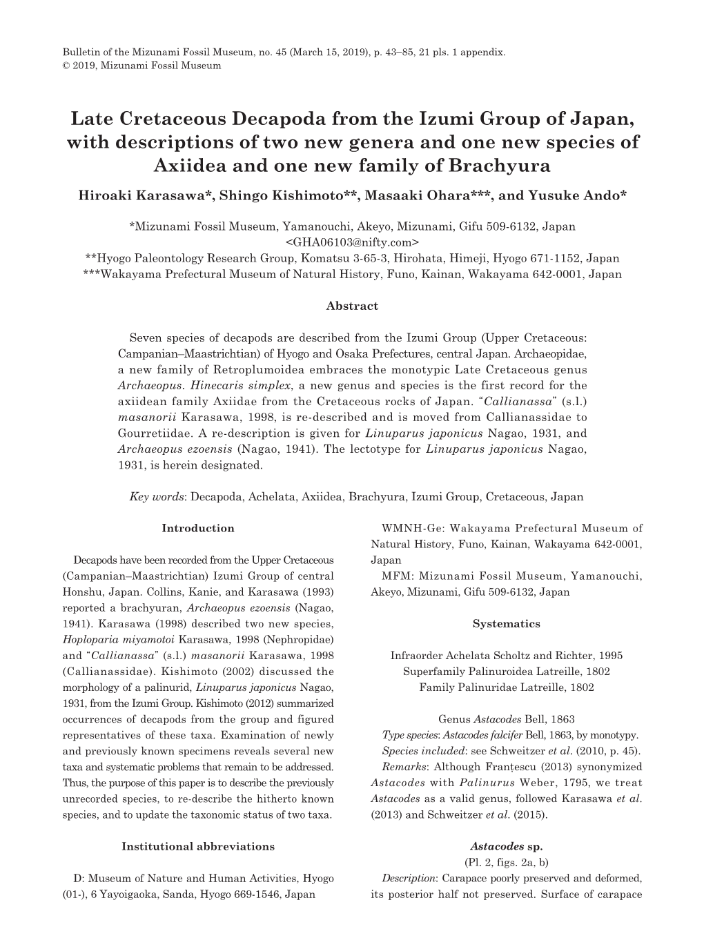 Late Cretaceous Decapoda from the Izumi Group of Japan, with Descriptions of Two New Genera and One New Species of Axiidea and One New Family of Brachyura