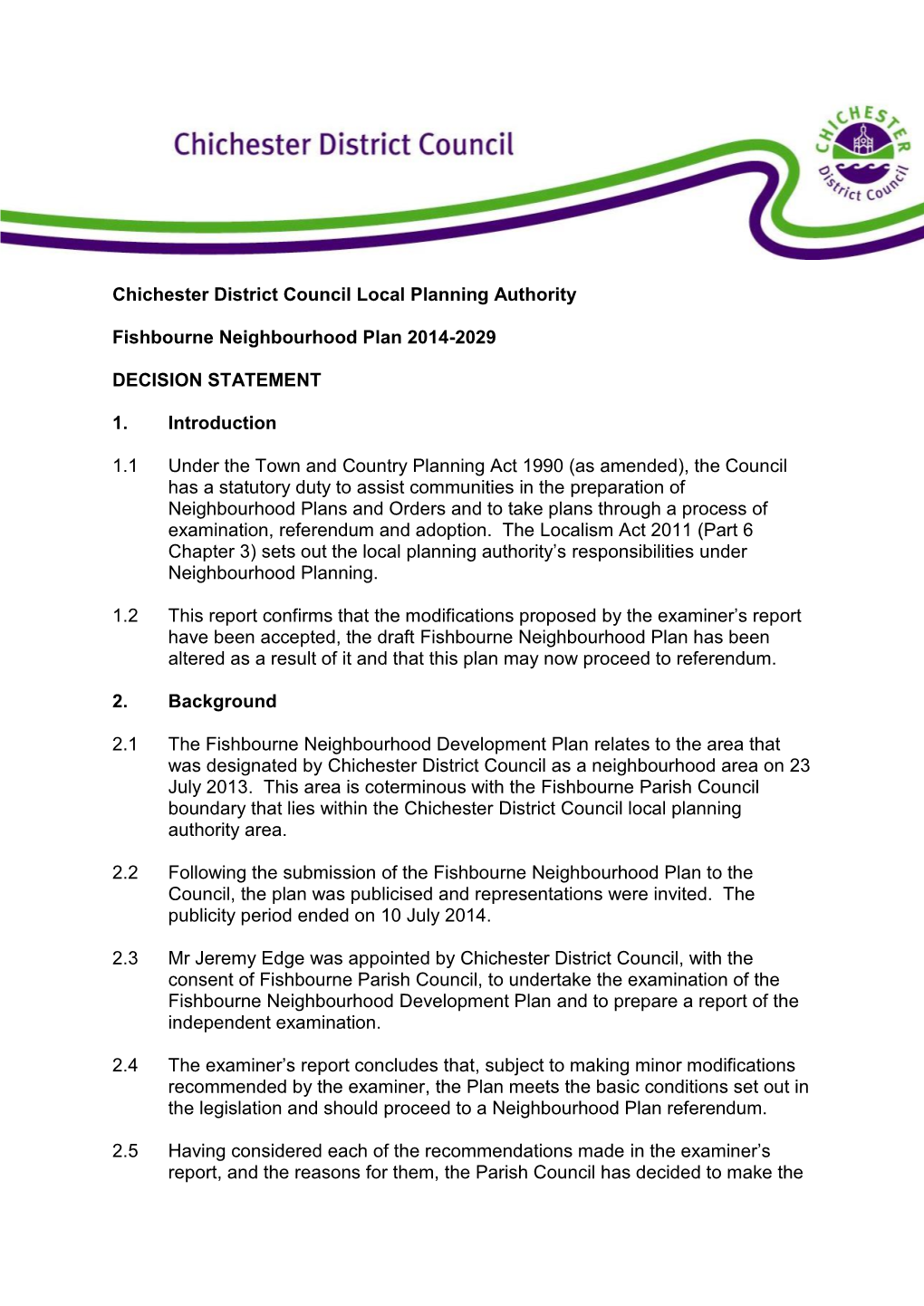 Fishbourne Neighbourhood Plan Decision Statement