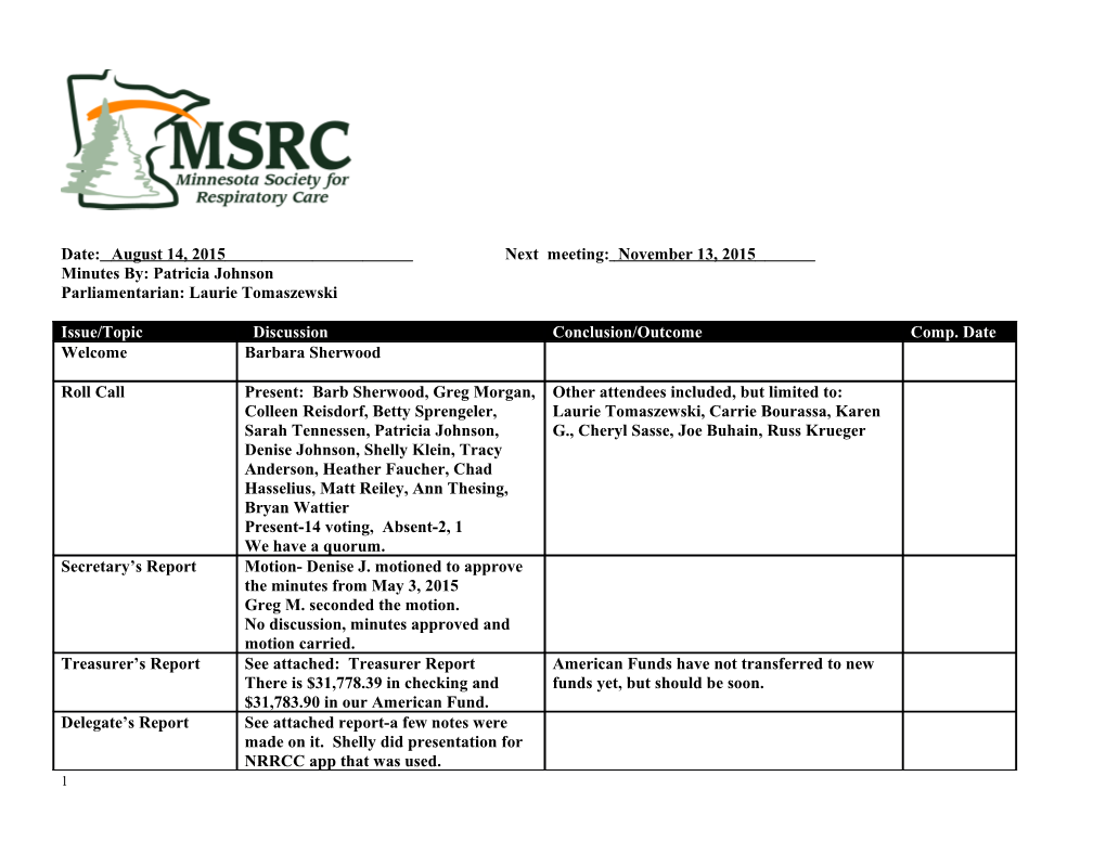 Date: August 14, 2015 Next Meeting: November 13, 2015