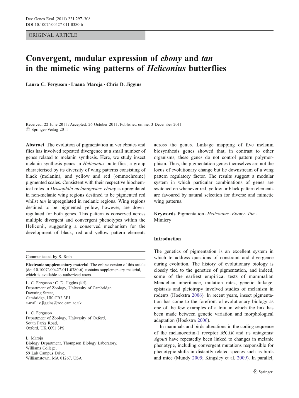 Convergent, Modular Expression of Ebony and Tan in the Mimetic Wing Patterns of Heliconius Butterflies