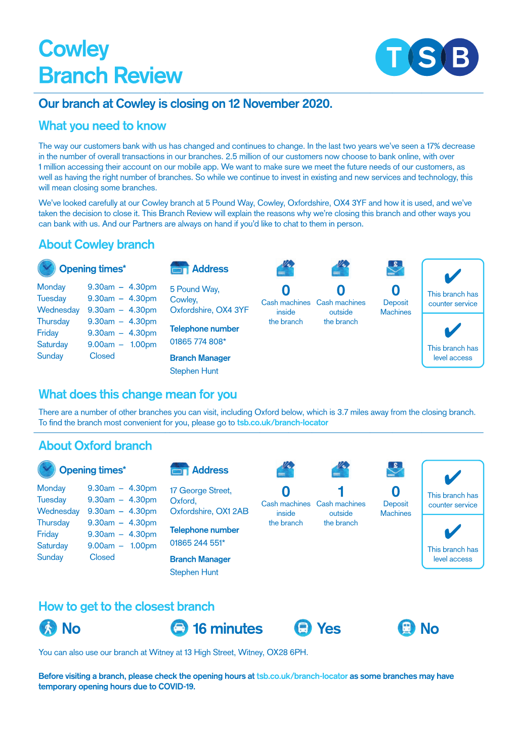 Cowley Branch Review Our Branch at Cowley Is Closing on 12 November 2020