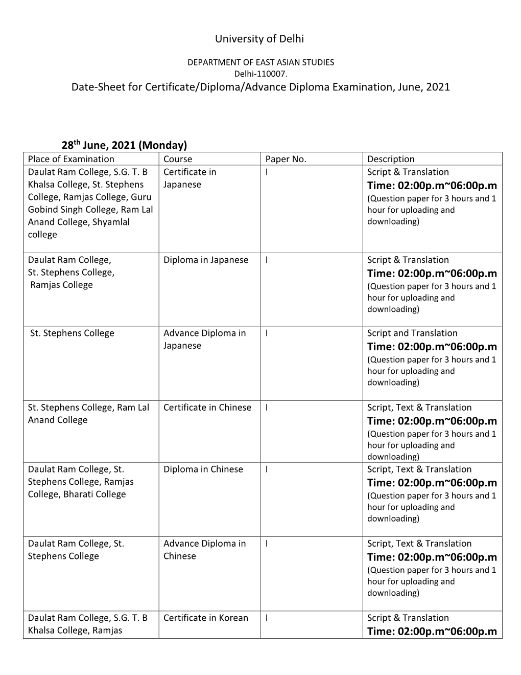 University of Delhi Date-Sheet for Certificate/Diploma/Advance Diploma Examination, June, 2021 28Th June, 2021 (Monday) Time: 02