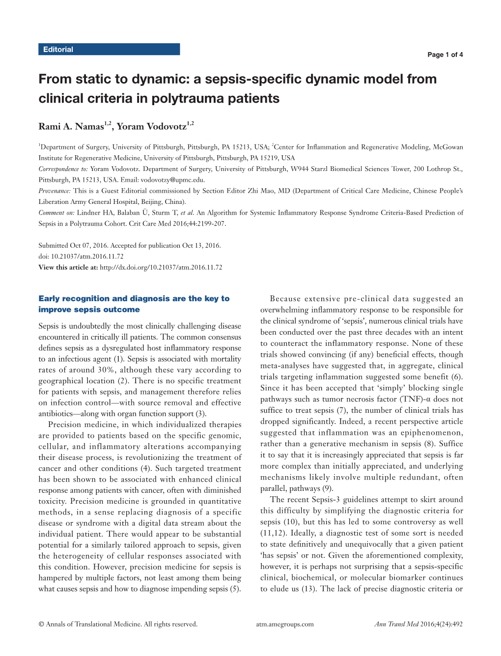 A Sepsis-Specific Dynamic Model from Clinical Criteria in Polytrauma Patients