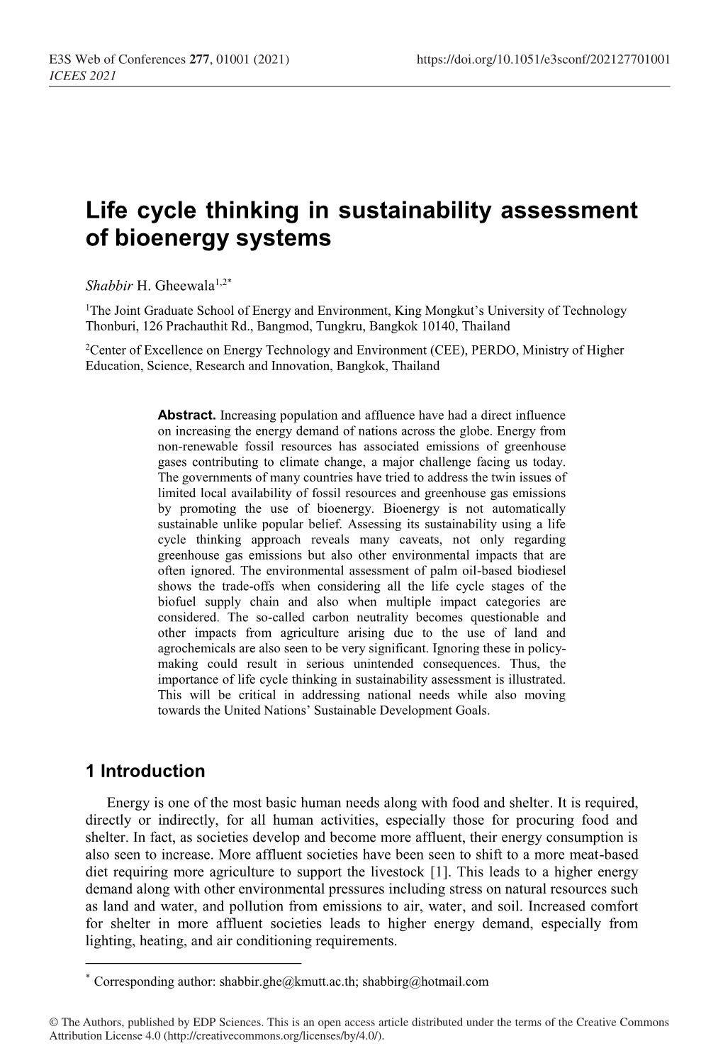 Life Cycle Thinking in Sustainability Assessment of Bioenergy Systems