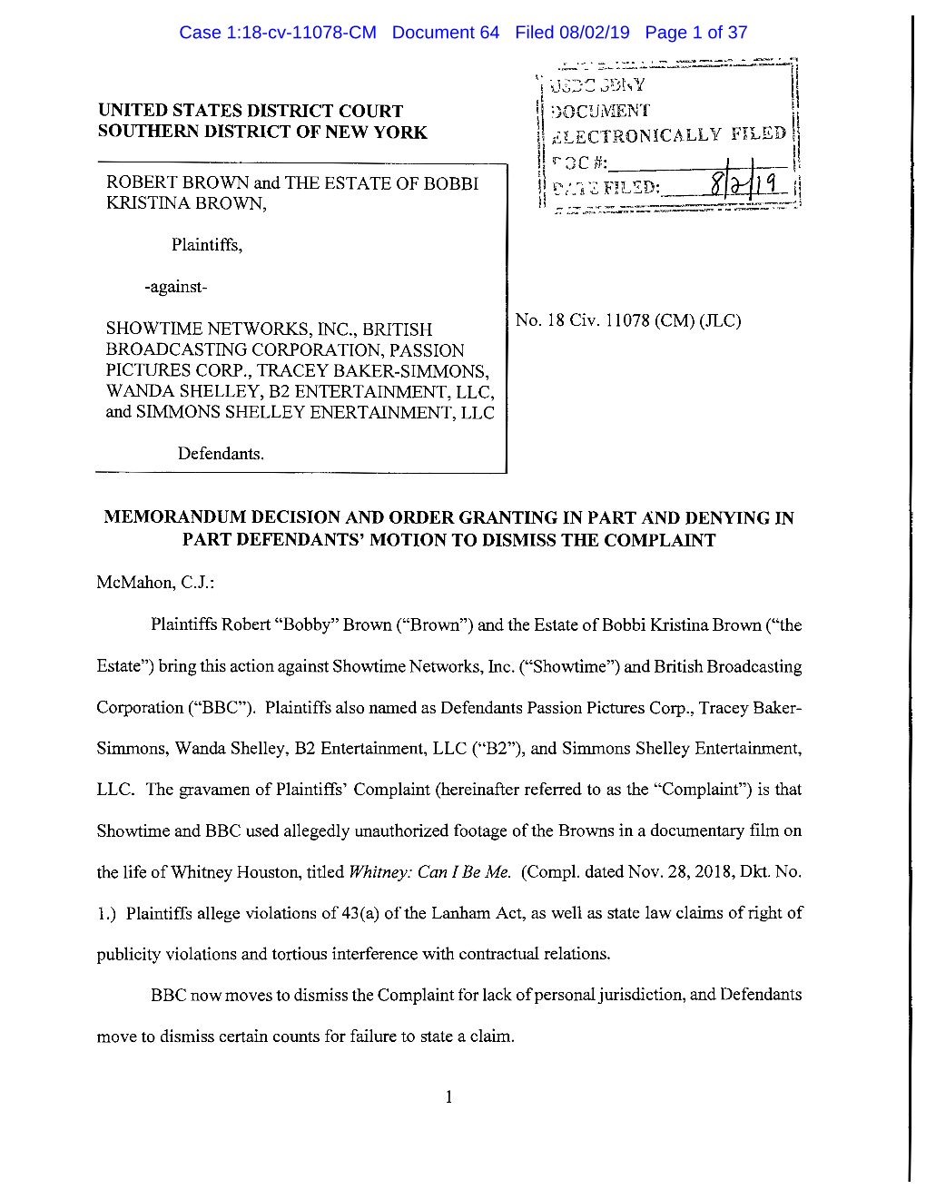 Case 1:18-Cv-11078-CM Document 64 Filed 08/02/19 Page 1 of 37