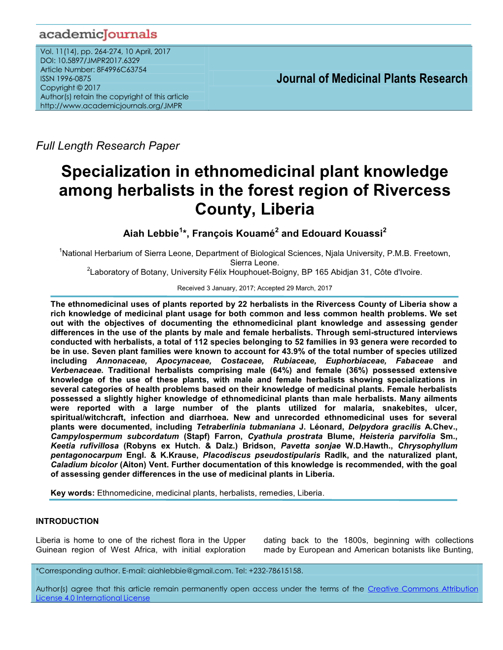 Specialization in Ethnomedicinal Plant Knowledge Among Herbalists in the Forest Region of Rivercess County, Liberia