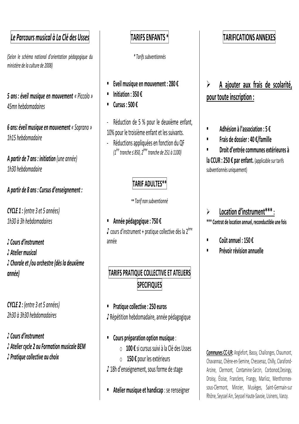 Le Parcours Musical À La Clé Des Usses TARIFS ENFANTS * TARIFICATIONS ANNEXES