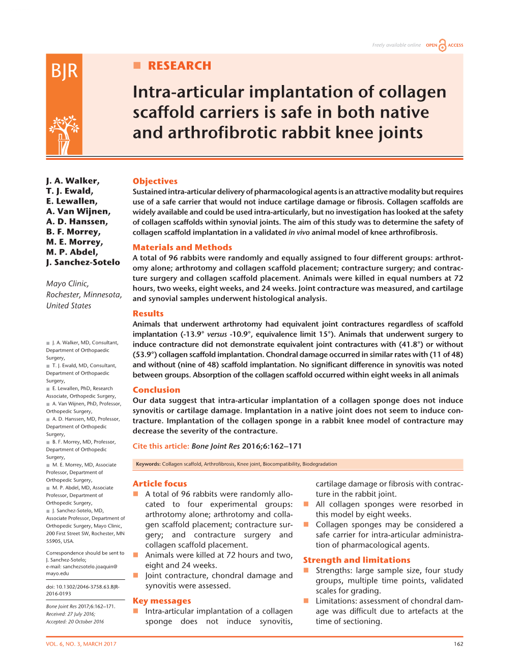 Intra-Articular Implantation of Collagen Scaffold Carriers Is Safe in Both Native and Arthrofibrotic Rabbit Knee Joints