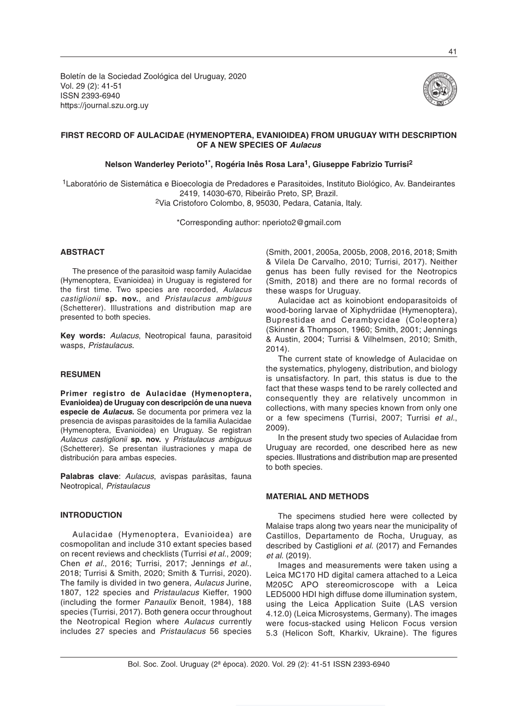 41 Bol. Soc. Zool. Uruguay (2ª Época). 2020. Vol. 29 (2): 41-51 ISSN 2393-6940