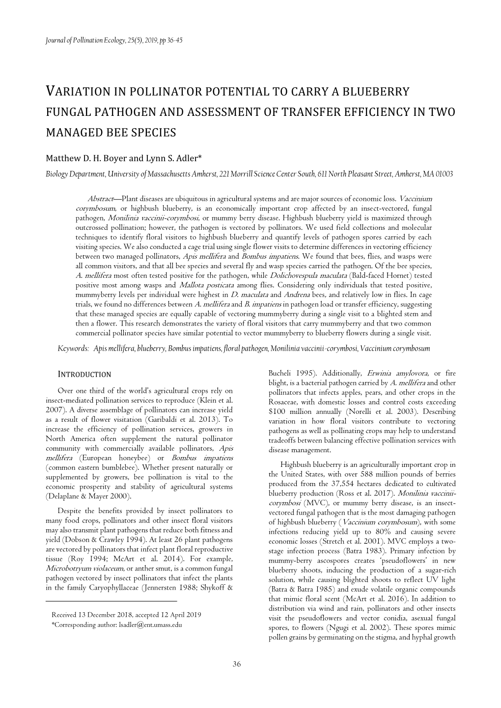 Variation in Pollinator Potential to Carry a Blueberry Fungal Pathogen and Assessment of Transfer Efficiency in Two Managed Bee Species