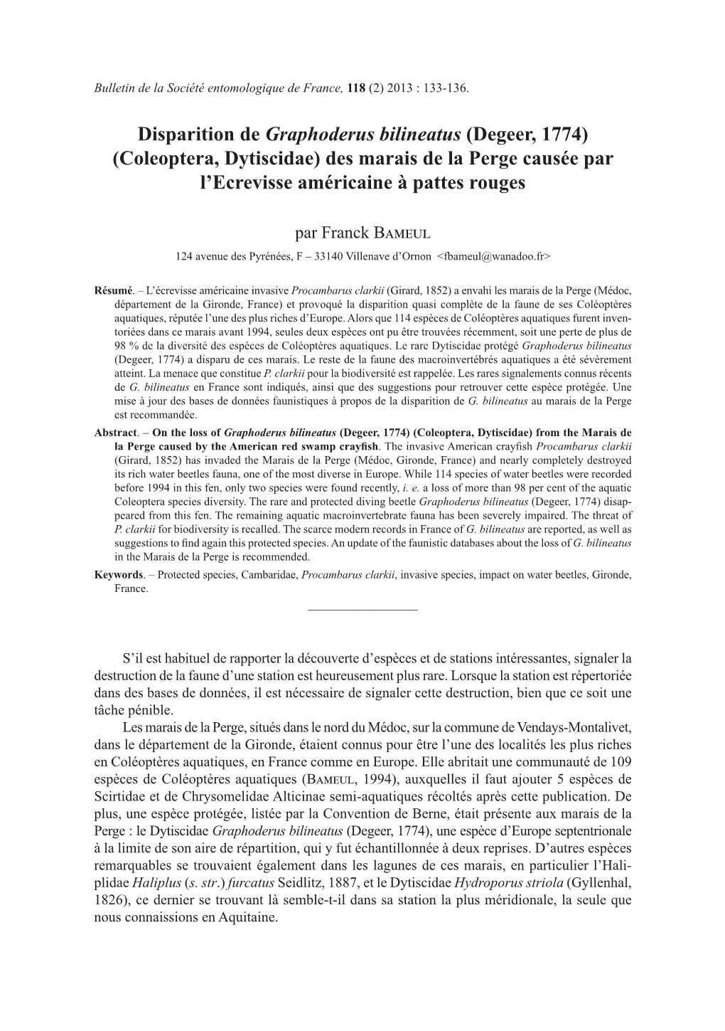 Disparition De Graphoderus Bilineatus (Degeer, 1774) (Coleoptera, Dytiscidae) Des Marais De La Perge Causée Par L’Ecrevisse Américaine À Pattes Rouges