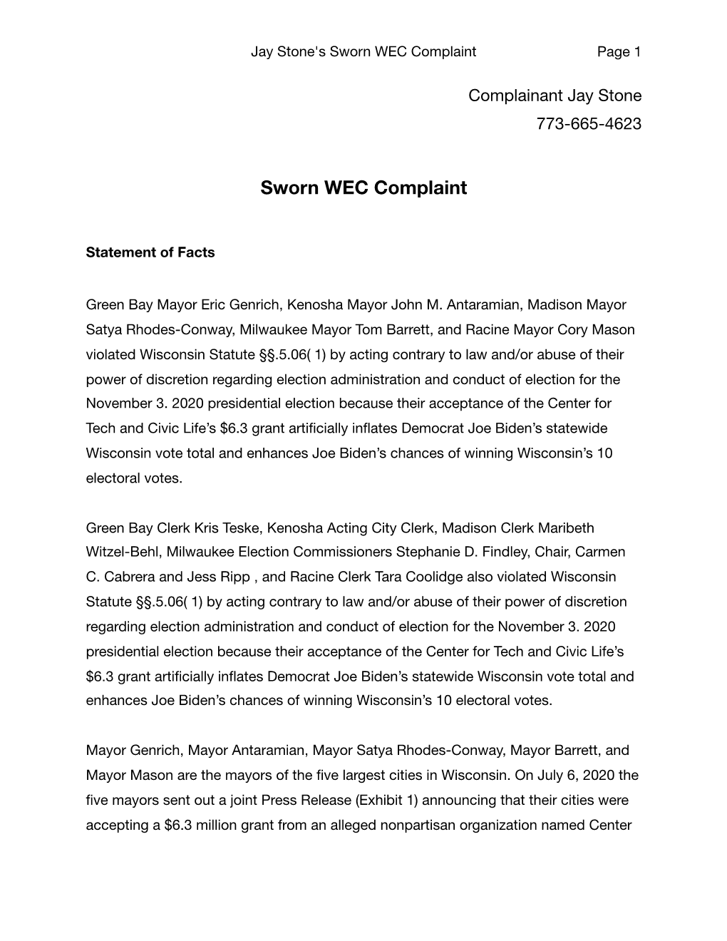 Jay Stone's Sworn WEC Complaint Page �1