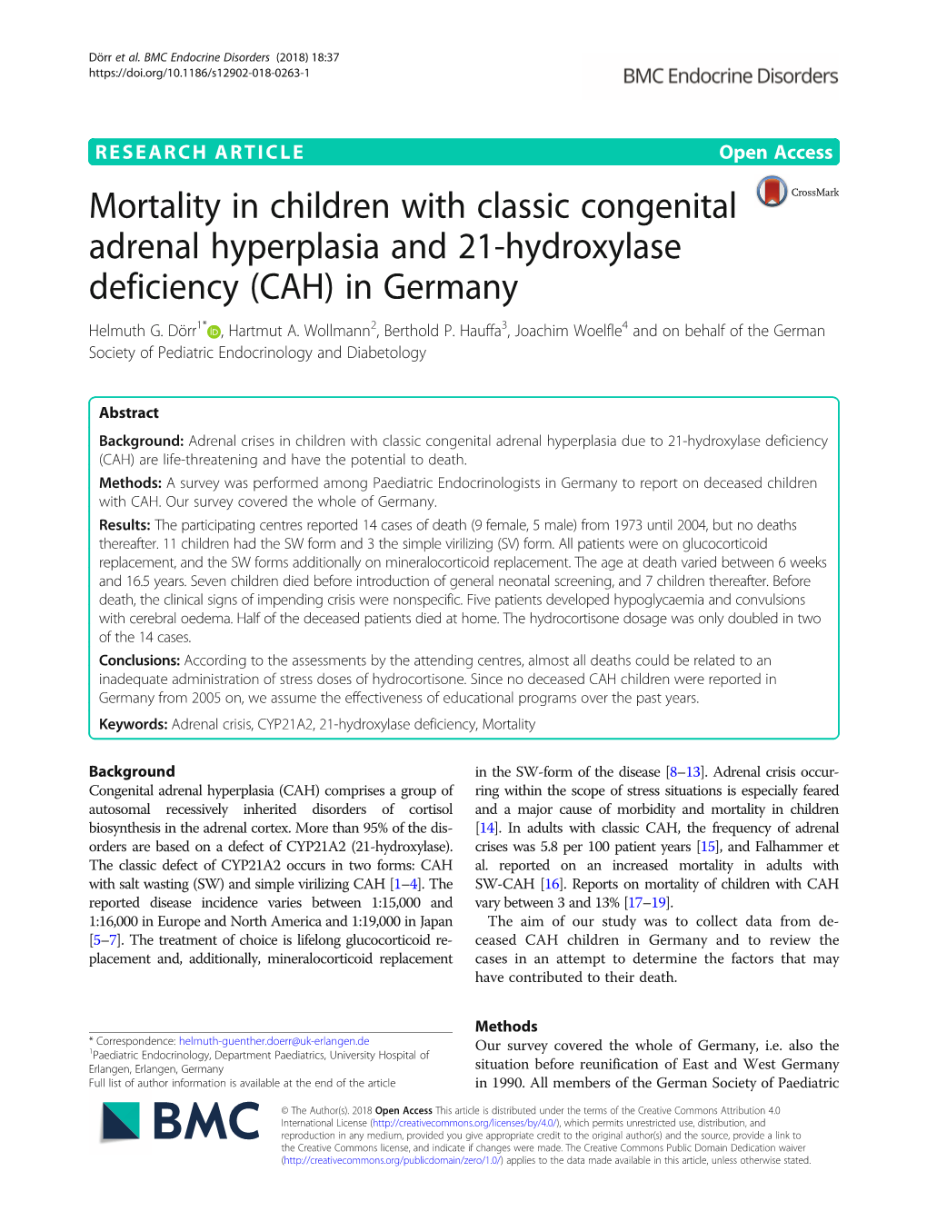 Mortality in Children with Classic Congenital Adrenal Hyperplasia and 21-Hydroxylase Deficiency (CAH) in Germany Helmuth G