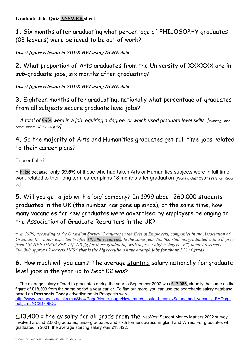 Graduate Jobs Quiz Answer Sheet