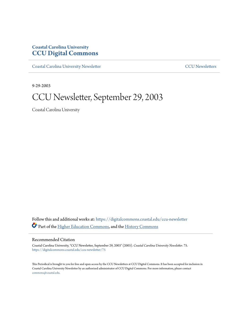 CCU Newsletter, September 29, 2003 Coastal Carolina University