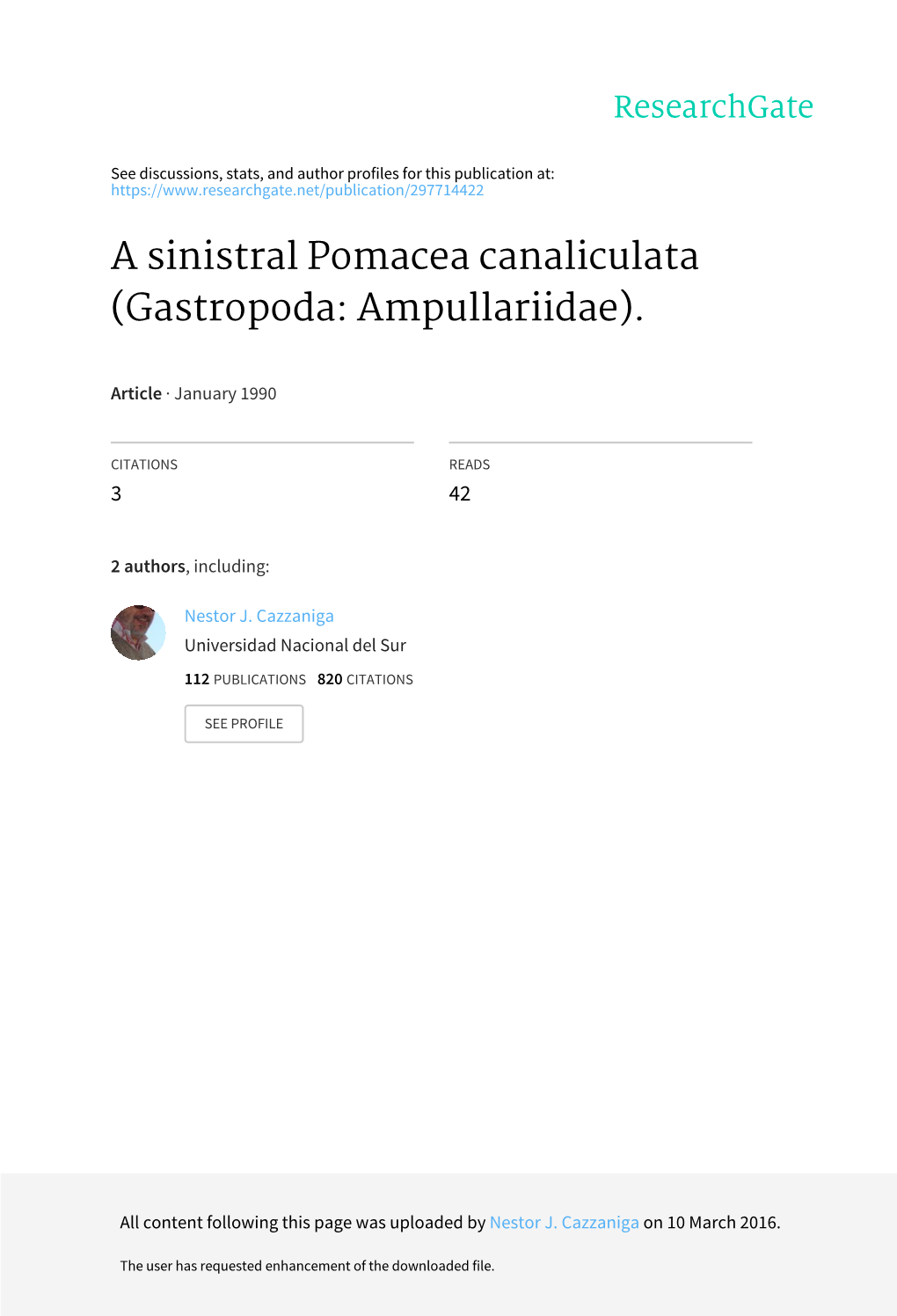 A Sinistral Pomacea Canaliculata (Gastropoda: Ampullariidae)