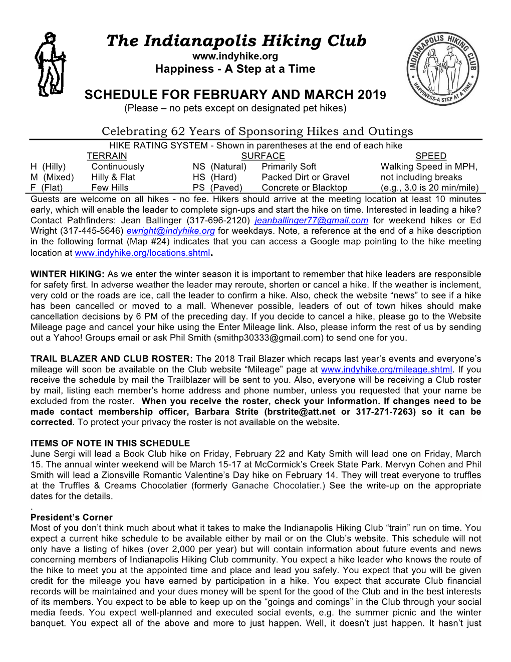 FEBRUARY and MARCH 2019 (Please – No Pets Except on Designated Pet Hikes)