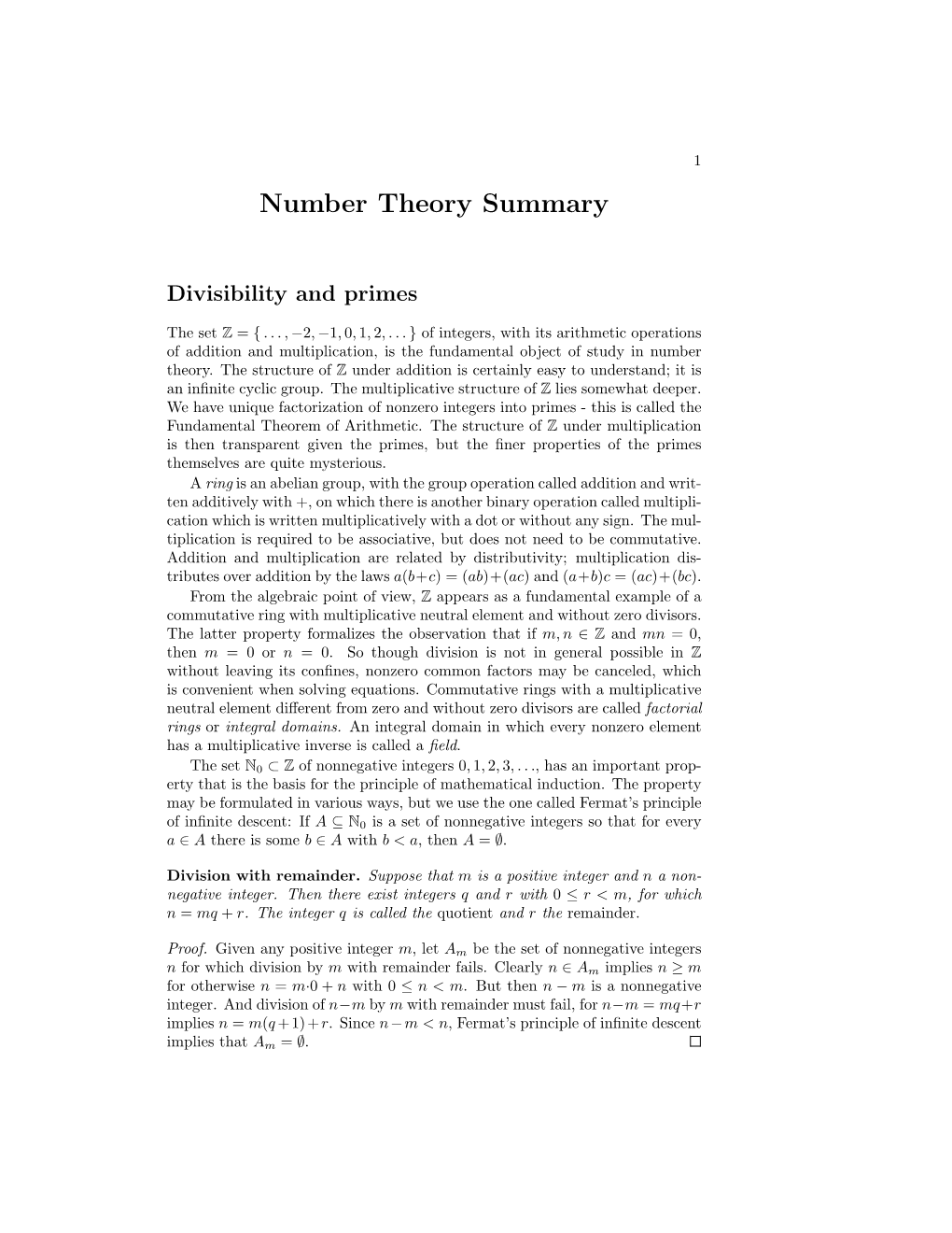 Number Theory Summary