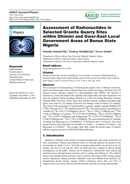 Assessment of Radionuclides in Selected Granite Quarry Sites Within Ohimini and Gwer-East Local Government Areas of Benue State Nigeria