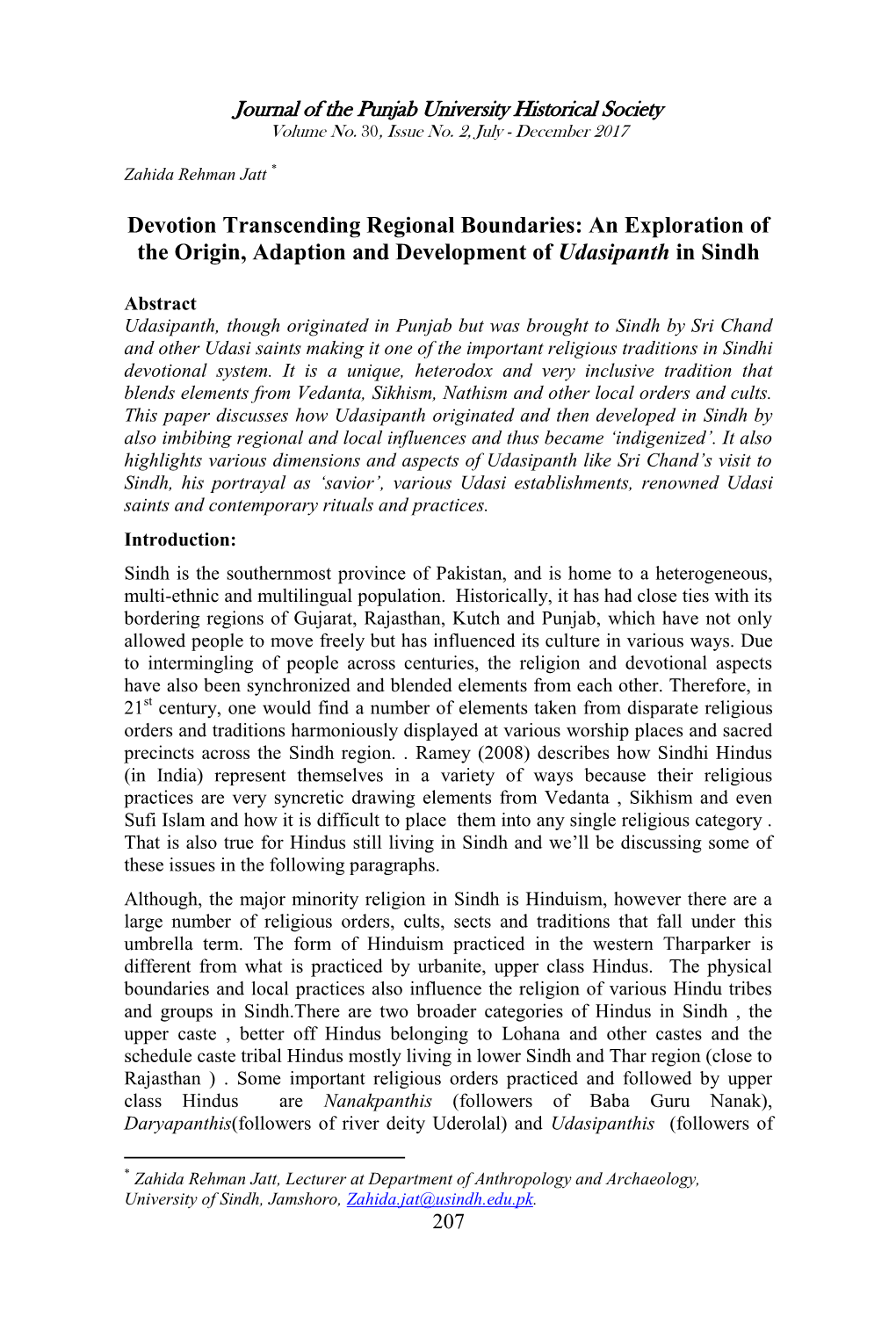 An Exploration of the Origin, Adaption and Development of Udasipanth in Sindh