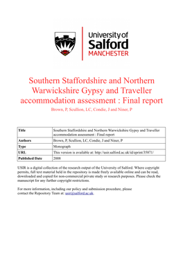Southern Staffordshire and Northern Warwickshire Gypsy and Traveller Accommodation Assessment : Final Report Brown, P, Scullion, LC, Condie, J and Niner, P