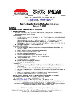 Job Postings for the Red Lake/Ear Falls Areas October 7, 2020